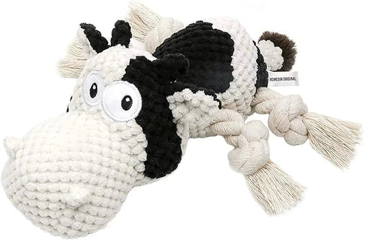 COWIE - Durable Plush Cow Dog Toy with Rope – Soft Chew Toy for Puppies Small Medium & Large Dogs – Crinkle Ears, Teeth-Cleaning & Interactive Squeaky Dog Toys