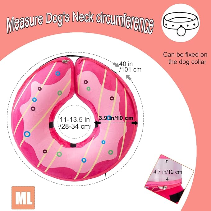 Inflatable Dog Cone Collar for Large Medium Small Dogs, Soft Dog Donut Collar Adjustable Recovery Cone for Pets After Surgery, Extra Enhanced Anti-Licking Guard Shield (Pink Donut, Medium Plus)