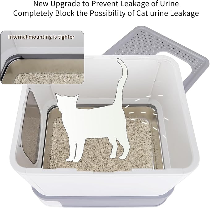RIZZARI Stainless Steel Cat Box: Enclosed Design with High Walls - Light Gray - Large Anti Leakage Litter Pan for Odor Control for Living Room Garage