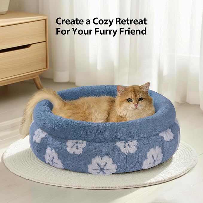 BALANCE Cat Beds for Indoor Cats, Washable Round Cat Bed, Cute 3D Flower Kitten Bed with Anti-Slip Bottom for Puppy and Kitten, 20 Inches, Blue