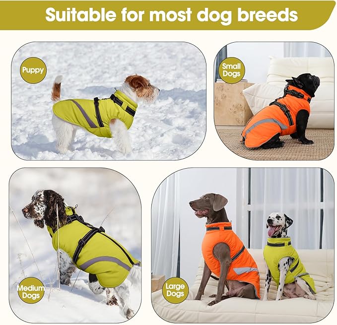 BRKURLEG Dog Winter Jackets for Large Dogs, Dog Coat with Harness Built in, Dogs Snowsuits with Zipper, Waterproof Windproof Pet Puffer Jacket Fleece Vest for Beagle, Pitbull, Green XL