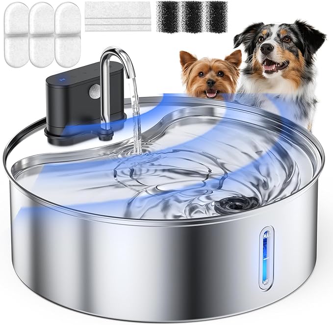 Wireless Dog Water Fountain Stainless Steel with Sensor 12L/3.2Gal Cordless Automatic Water Dispenser Quiet Pump BPA-Free Automatic Cat for Drinking, Easy Clean for Cats Dogs Pets