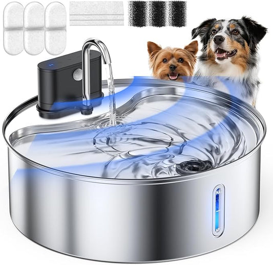 Wireless Dog Water Fountain Stainless Steel with Sensor 12L/3.2Gal Cordless Automatic Water Dispenser Quiet Pump BPA-Free Automatic Cat for Drinking, Easy Clean for Cats Dogs Pets
