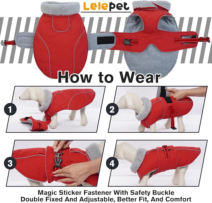 Lelepet Warm Dog Coat - Reflective Waterproof Fleece Vest with Adjustable Buckle Hook & Loop, Windproof Winter Jacket Dog Coats for Small Medium Large Dogs, Red, M