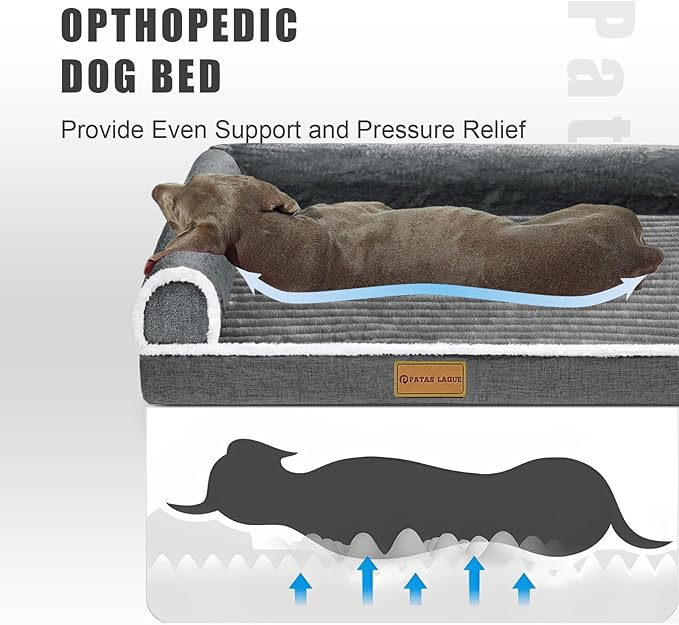 Patas Lague Orthopedic Jumbo Dog Bed Large Sized Dog 56''X40'', Waterproof Comfortable L Bolster Jumbo Non-Slip Soft Warm Pet Crate Bed Sleep Sofa mat with Removable Washable Cover, Grey