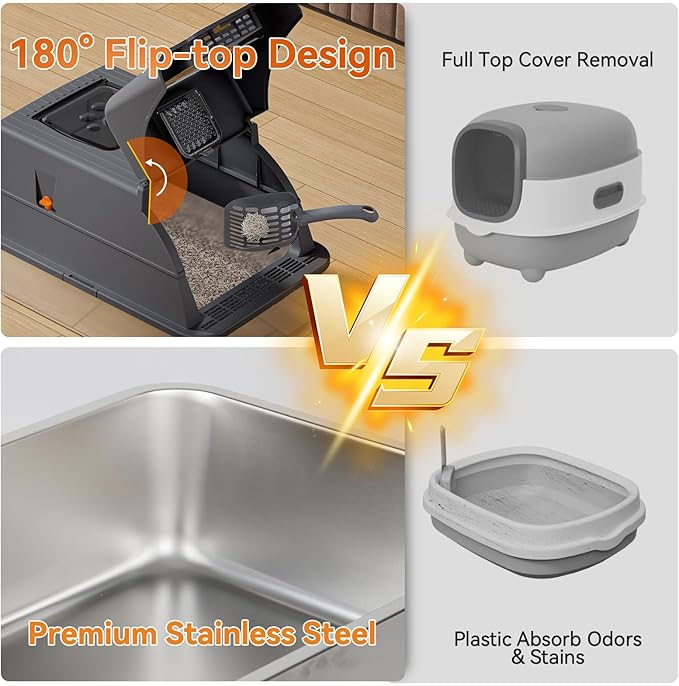 Enclosed Stainless Steel Cat Litter Box with Lid, Front & Top Flap, 180° Flip-top Design, Extra Large Metal Cat Litter Box with Scoop & Filter Pedal,Odor-Resistant (Dark Gray)
