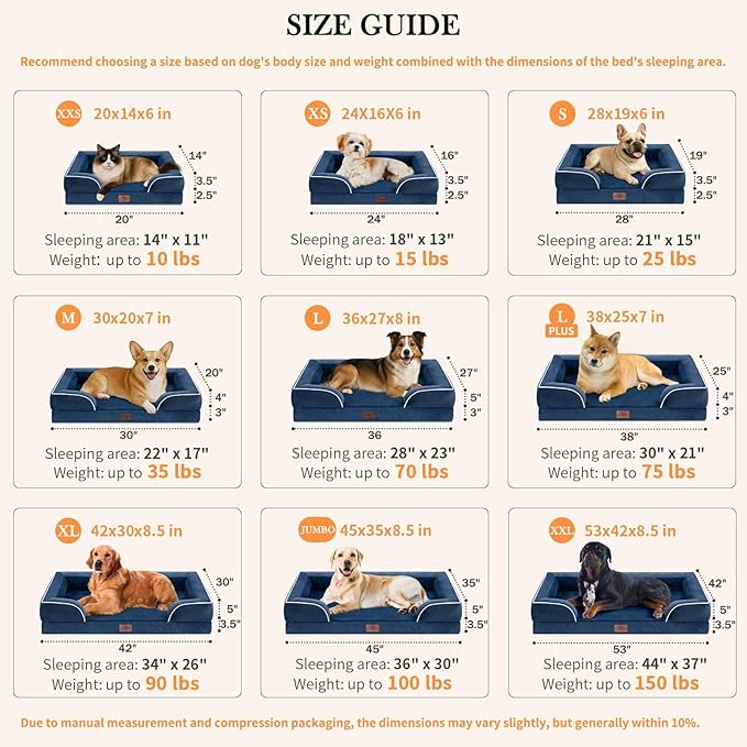 Comfort Expression Orthopedic Dog Bed for Large Dogs 38x25 Inch, Waterproof Supportive Egg Crate Foam Large Pet Bed with Removable Bolsters, Dog Couch with Washable Cover & Non-Slip Bottom, Navy Blue