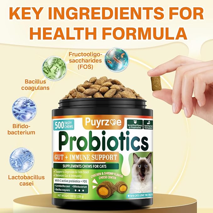 Cat Probiotics & FOS Chews - Digestive + Gut Support, 500 Crunchy & Creamy Chews, Constipation Relief + Nutrient Absorption + Immune, Daily Probiotics Chews for Cats Kittens (Chicken Shrimp)