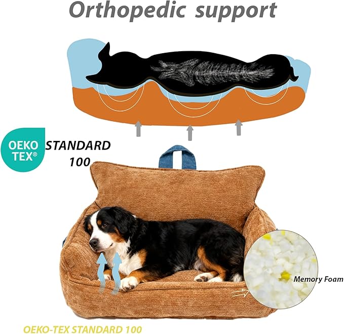 Small Orthopedic Dog Sofa Bed with Sides, Carry Handle & Side Pockets .Plush Chenille Orthopedic Pet Bed Couch for Small Breed Dogs & Cats .Portable Snuggler for Indoor Use, Travel & Recovery