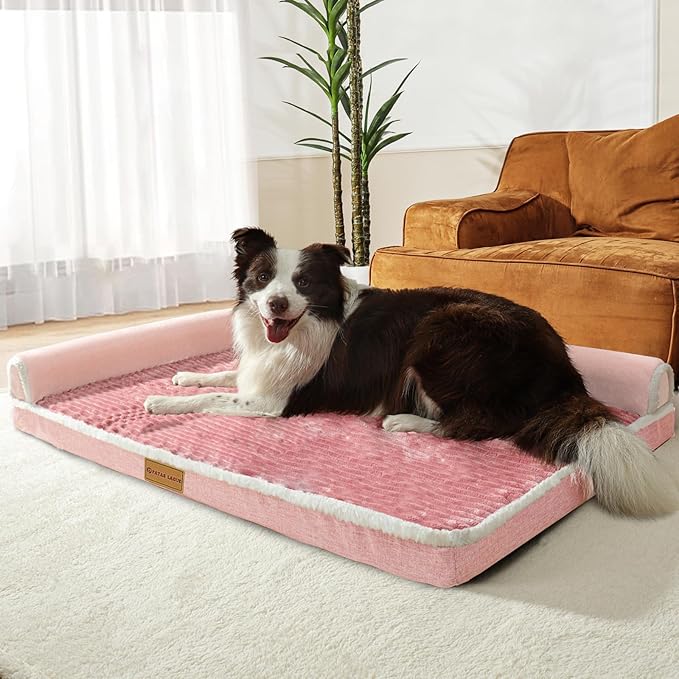 Patas Lague Orthopedic Dog Bed Medium Size Dog 30''X20'', Waterproof Comfortable L Bolster Medium Non-Slip Soft Warm Pet Crate Bed Sleep Sofa mat with Removable Washable Cover, Pink