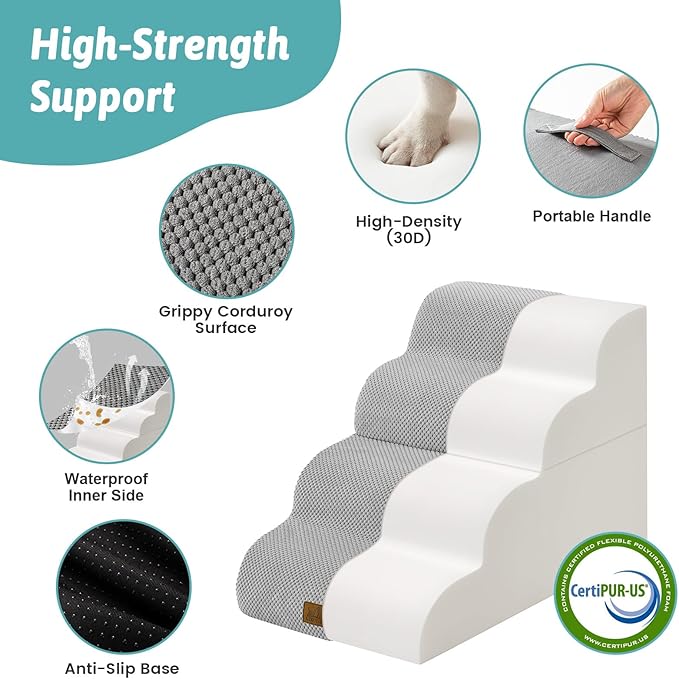 Dog Stairs for Small Dogs 19.7" H, Detachable Dog Step for Puppy or Older Cat, Ramp for Bed, Sofa, Couch or Chair, Ladder with High Density Foam, 15.7x28.3x19.7 inch, 4 Step, Grey