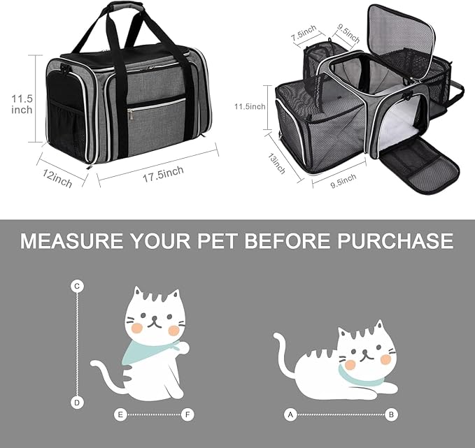 BAGLHER Expandable Cat Carrier with Travel Litter Box, Pet Travel 5 Sides Open Doors 3 Sides, Leak-Proof and Collapsible, for Car, Airplane Trip, Grey
