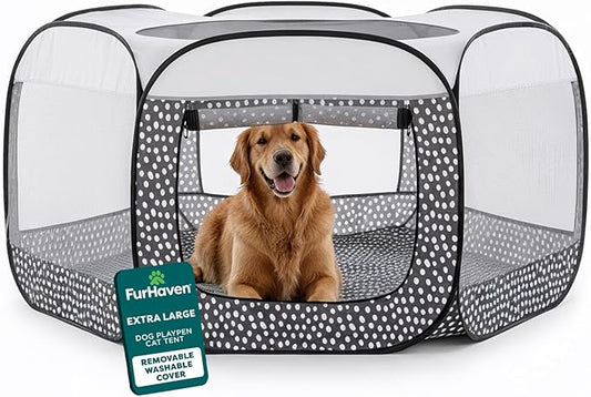 FurHaven Portable Pet Playpen for Dogs & Cats, Extra Large Indoor Kitten Playpen with Mesh Sides, Foldable Dog Playpen for Small Dogs, Pop Up Travel Dog Pen, X-Large, Gray Pebbles
