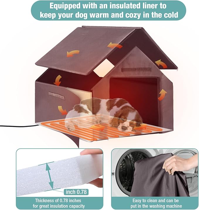 Insulated Dog House with Heating Pad, Weatherproof Outdoor Kennel for Large Dogs, Chew-Resistant Iron Frame & Asphalt Roof (Wood-H, L)