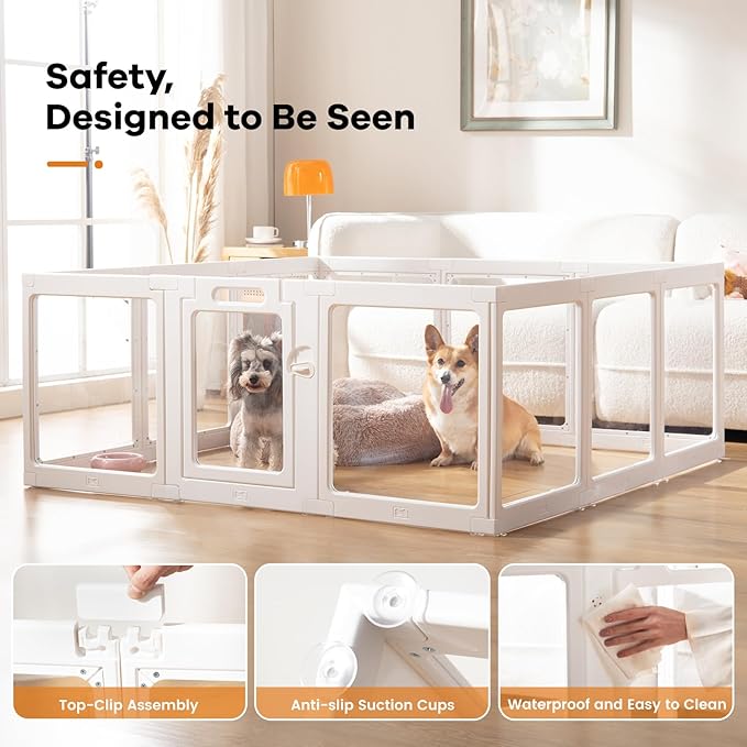 Clear Acrylic Dog Playpen Indoor, Puppy Cat Playpen, Small Pet Play Pen (White, Door+Panel)
