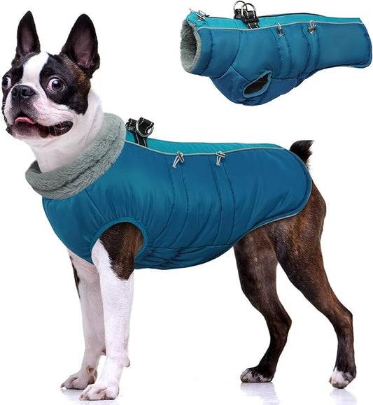 IDOMIK Warm Dog Coat with Harness, Waterproof Reflective Dog Jackets for Small Medium Large Dogs, Fleece High Collar Winter Jacket with Zipper, Pet Winter Snowsuit Clothes for Cold Weather,Blue S