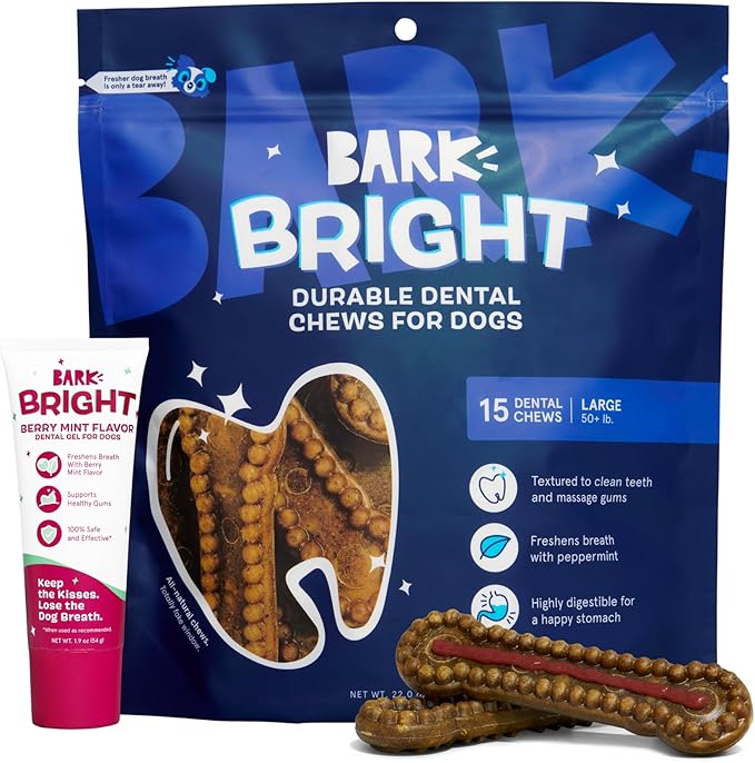 Barkbox Bright Durable Dental Kit, Berry Mint Flavored, 15 Chew Sticks & Toothpaste - Large Breeds