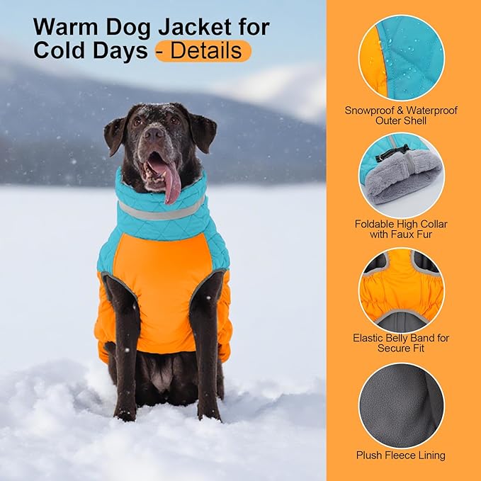 Warm Dog Coats for Large Dogs, Waterproof Dog Jacket with Harness Built in, Zipper Clousure, Fleece Lining, Turtleneck, for Cold Weather, Pet Snowsuit for Border Collie, Golden Retriever- XXL