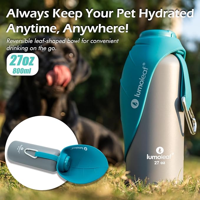 LumoLeaf Insulated Dog Water Bottle 27 oz Stainless Steel - Keep Water Cool or Warm, Portable Pet Water Bowl for Travel, Wide Mouth for Easy Ice Filling & Cleaning