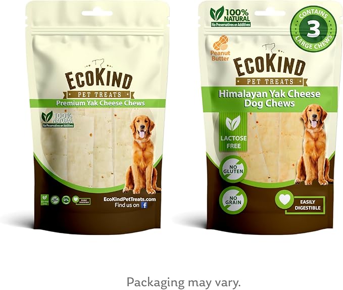 EcoKind Premium Gold Yak Cheese Himalayan Dog Chews, Dog Treats Large Breed, All Natural, High Protein Dog Chew, Peanut Butter, Large - 3 Chews