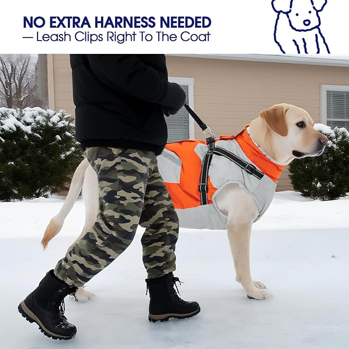 FUAMEY Dog Winter Jackets for Large Dogs,Dog Coat with Harness Built in,Waterproof Dogs Snowsuits Warm Pet Jacket Zip Up Fleece Cold Weather Coats Reflective Puppy Vest with Pocket Orange L