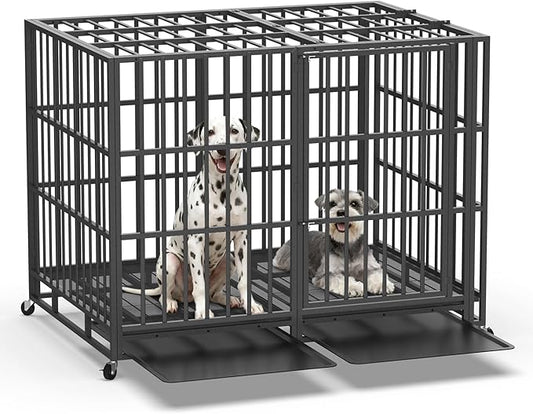 Heavy Duty Indestructible Dog Crate 60 Inch with Removable Tray, Sizes & Colors Optional, Escape Proof Double Door High Anxiety Cage Indoor, Kennel with Wheels for Large Dogs, XL XXL XXL
