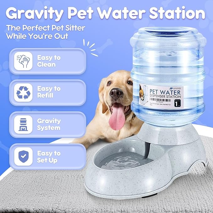 Flexzion Automatic Dog Water Bowl Dispenser for Cat Pet Animal (1 Gallon Dispener Water Jug) - Gravity Feeder Auto Replenish Waterer Drinking Bowl Fountain Bottle Dish Stand