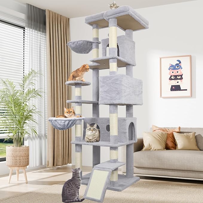84.6in Cat Tree, Patent Fabric Multilevel Cat Tower for Adult Cats, Climbing Tree House and Towers with Condo Hammock Scratching Post Large Platform Wide Base (Light Gray, 84 in)