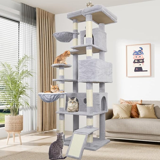 84.6in Cat Tree, Patent Fabric Multilevel Cat Tower for Adult Cats, Climbing Tree House and Towers with Condo Hammock Scratching Post Large Platform Wide Base (Light Gray, 84 in)