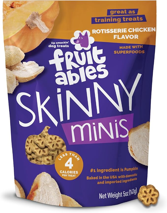 Fruitables Skinny Mini Dog Treats, Healthy Pumpkin Treat for Dogs, Low Calorie & Delicious, Puppy Training, Free of Wheat, Corn and Soy, Made in the USA, Rotisserie Chicken Flavor, 5oz
