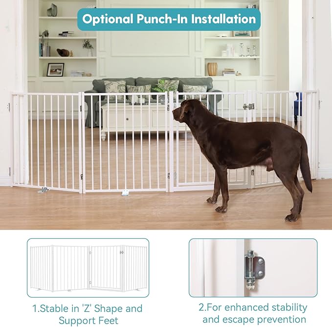 No Pawblems Free Standing Dog Gate with Door, 30'' Tall Foldable Dog Fence for Indoor & Outdoor, Up to 104 Inch Extra Wide Puppy Gate for Stairs, Hallways, Doorways, Deck, Yard (White, 4 Panels)