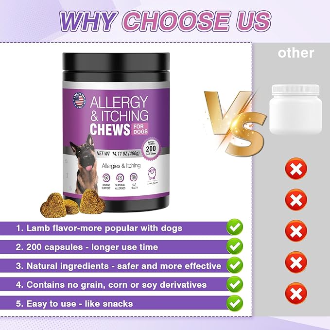 Dog Allergy Chews - Dog Allergy and Itching Skin Relief Anti Itch Aller Immune Bites for Dogs Licking Paws Relief Itchy Chew Probiotics Vitamins for Skin and Coat Allergies - (Lamb, 200 Ct)