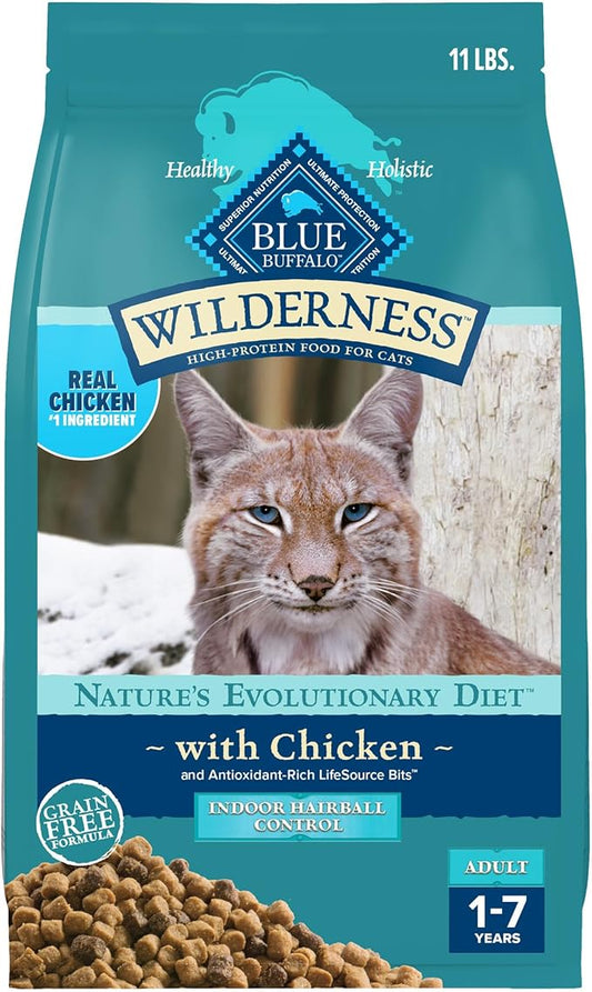 Blue Buffalo Wilderness High-Protein, Grain-Free Natural Dry Food for Adult Cats, Indoor Hairball Control, Chicken, 11-lb. Bag