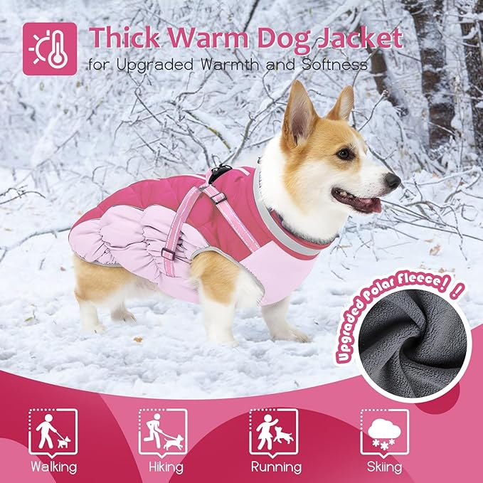 Dog Winter Coat with Harness, Dog Jacket, Pet Clothes with Zipper on Back, Waterproof Windproof Warm Vest, Reflective Cold Weather Coats, for Small Medium Large Dogs, Thick, Pink, S