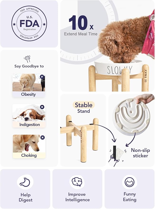 Slow Feeder Dog Bowls - 3-Cup Raised Ceramic & Wood Stand for Medium-Large Breed, White