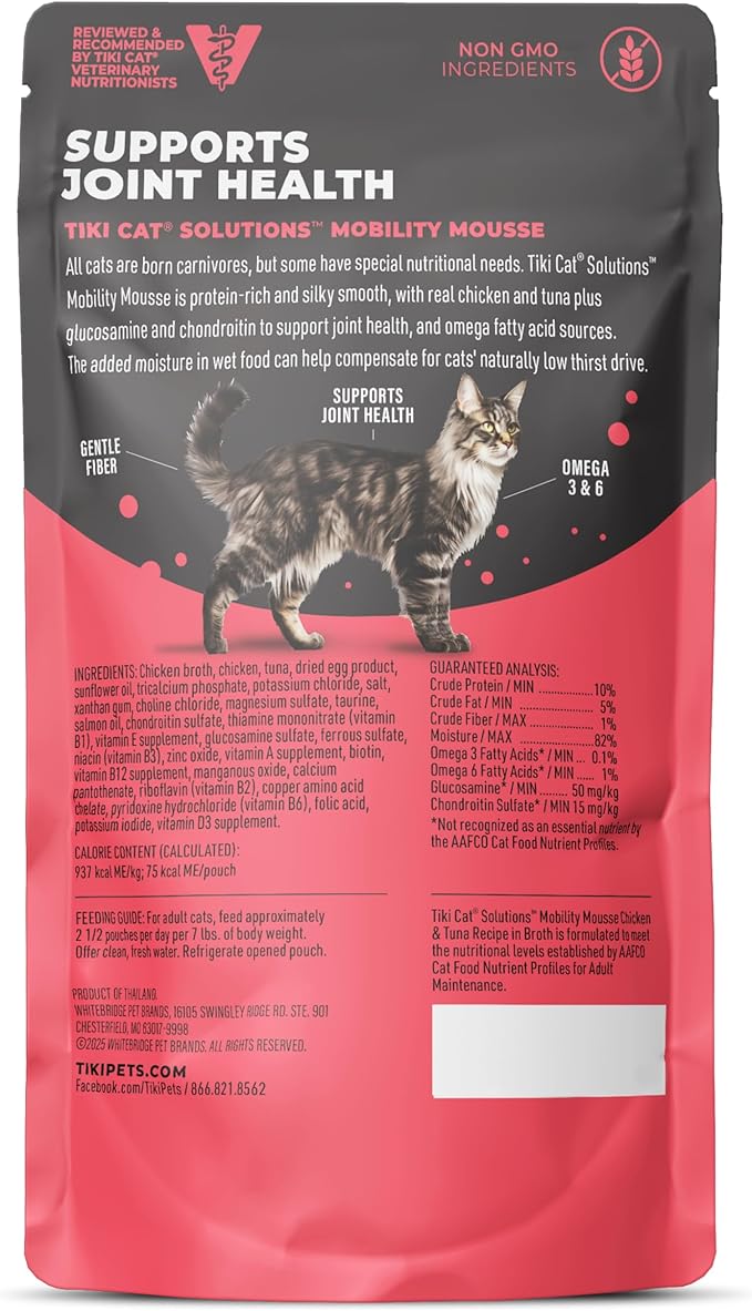 Tiki Cat Solutions Mobility Mousse, Chicken & Tuna Recipe in Broth, Formulated to Support Healthy Joints, Functional Wet Cat Food, 2.4 oz. Pouch (12 Count)