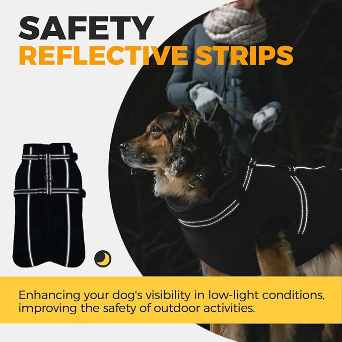 Lelepet Waterproof Dog Jacket with Harness Built in Warm Dog Winter Coat, Reflective Fleece Jacket, Dogs Coats for Lage Dogs, Thermal Turtleneck Pet Snowsuit for Cold Weather, French Bulldogs, Black L