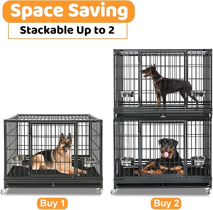 Homey Pet 48 Inch Heavy Duty Indestructible Dog Crate, Stackable Escape Proof Dog Cage Kennel Indoor with Two Trays, Metal Grids, Wheels, Bowls, Double Doors for High Anxiety Large Dogs