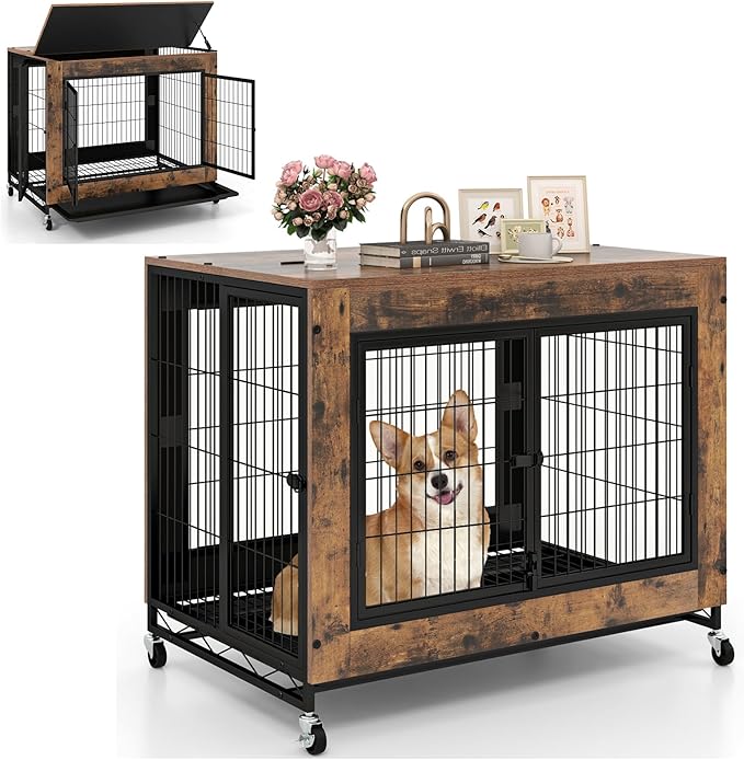 Giantex Dog Crate Furniture with Wheels, 38” Modern Dog Cage with 3 Doors, Flip Top Lid, Removable Pull-Out Tray, Decorative Dog Kennel Indoor Pet House End Table for Medium & Large Dogs (Brown)