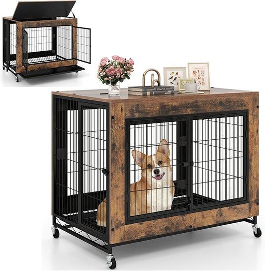 Giantex Dog Crate Furniture with Wheels, 38” Modern Dog Cage with 3 Doors, Flip Top Lid, Removable Pull-Out Tray, Decorative Dog Kennel Indoor Pet House End Table for Medium & Large Dogs (Brown)