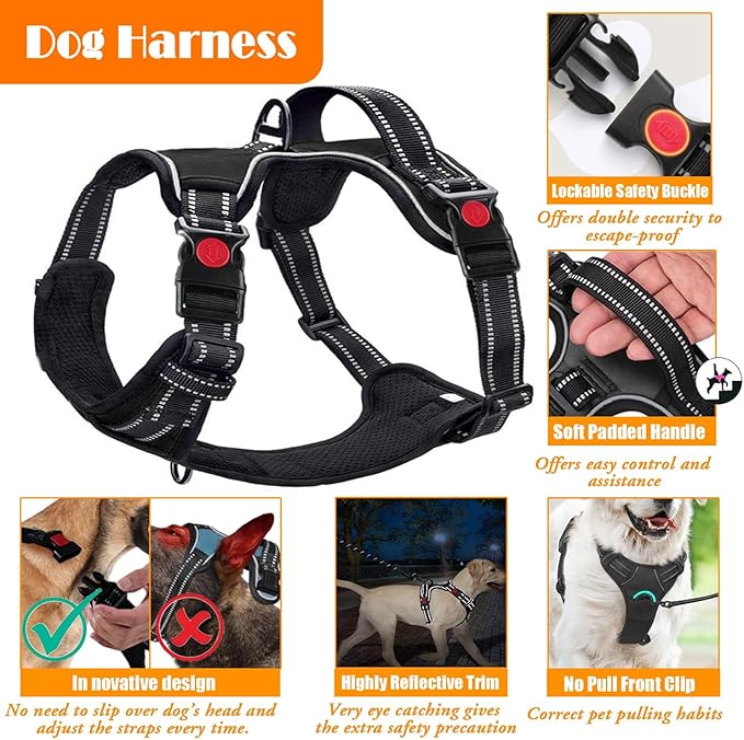 No Pull Dog Harness, Collar & Leash Set | Includes Dog Seat Belt, Collapsible Bowls & Poop Bag Dispenser. Ideal for Training, Walking, Hiking. Fits Small to Large Dogs(Black-L)
