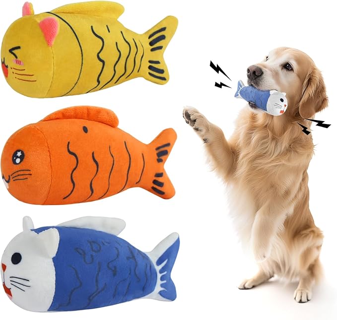 Squeaky Dog Toys for Small Dogs & Puppy – 3 Pack Fish Crinkle Squeak Pet Toys for Interactive Play, Boredom Relief & Teeth Cleaning