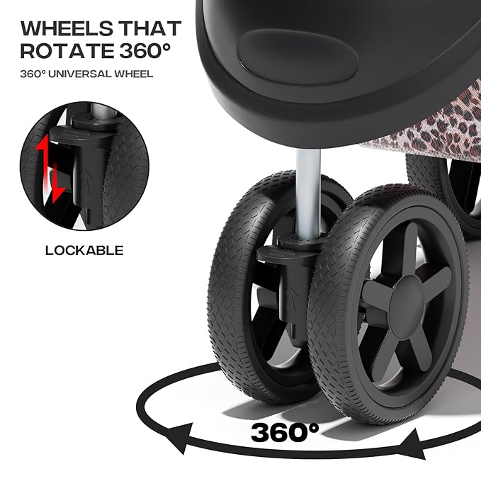 Cat Dog Stroller,3-Wheels Pet Stroller for Medium/Puppy Dogs 30 Lbs, with Storage Basket and Cup Holder, Breathable Mesh Leopard Print