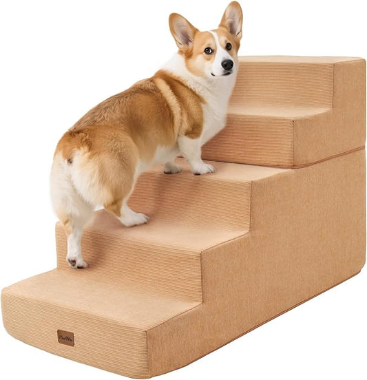 Made4Pets Dog Stairs for High Bed, Extra Wide Pet Stairs for Bed Couch Sofa, 35D Foam Pet Steps for Small Dogs and Cats(Up to 40lbs), Non-Slip Bottom Dog Steps, Tan, 5 Steps