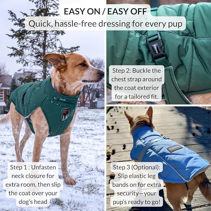 DJANGO Insulated Puffer Dog Jacket with Harness Hole – Warm, Water-Repellent Winter Dog Coat for Small Dogs, Dachshunds, Puppies – Adjustable, Reflective Cold Weather Dog Apparel – Dusk Blue, Small