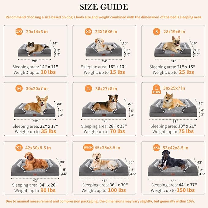 Comfort Expression Orthopedic Dog Bed for Extra Large Dogs 53x42 Inch, Waterproof Supportive Egg Crate Foam XXL Pet Bed with Removable Bolsters, Dog Couch with Washable Cover & Non-Slip Bottom, Grey