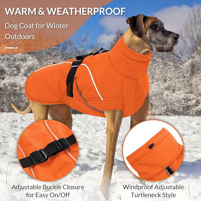 Queenmore Winter Dog Coat Warm Dog Jacket Vest Waterproof Puffer Fleece Snowsuit Adjustable Buckle Leash Hole Reflective Cold Weather Parka for Small Medium Large Dogs Girl Boy Orange L