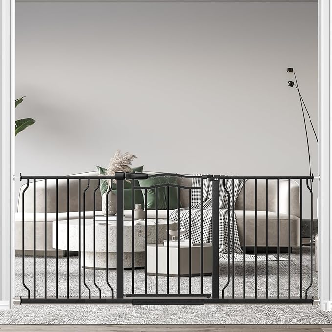 Extra Wide Baby Gate 62.2-71.6" for Stairs No Drilling, 30" Tall Auto Close Press Mounted for Doorways, Adjustable Width Walk Through Long Gates for Kids or Pets, Black