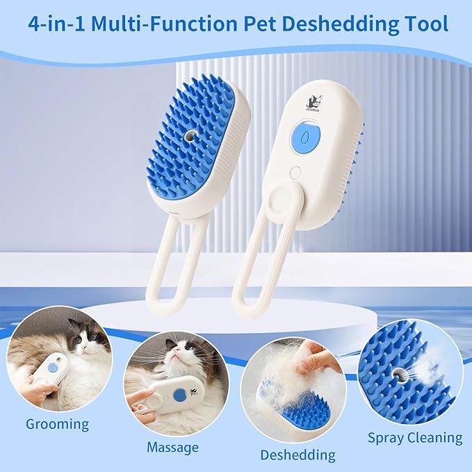Cat Steam Brush for Shedding,4 in 1 Pet Steam Brush for Cats & Dogs,Deshedding,Massage,Cleaning & Anti-Static All In One,Suitable for Long & Short Haired Pets,Includes Waterless Shampoo,Blue