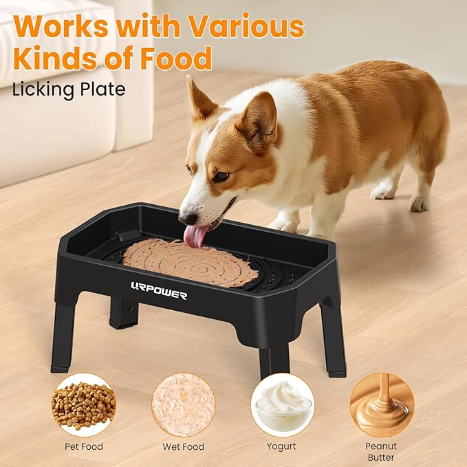 URPOWER Mess Proof Elevated Dog Bowls 4 Height Adjustable Raised Dog Bowl Stand with Stainless Steel Bowl, Slow Feeder & Licking Plate for Small, Medium & Large Dogs
